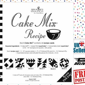 May include: A white and black Cake Mix recipe card by Miss Rosie's Quilt Co. The card features the text "Cake Mix Recipe" and includes instructions for making quilt blocks. The card also shows six different quilt block designs. The card is a UK seller.