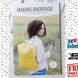 May include: A sewing pattern booklet featuring a yellow backpack on the cover. The booklet is titled "Making Backpack" and includes instructions for creating both regular and mini sizes. The cover also shows a woman wearing the backpack and holding a bunch of flowers.