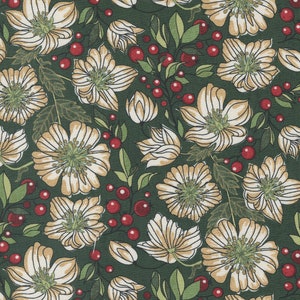 May include: A seamless fabric pattern featuring white flowers with green centers and red berries on a dark green background.