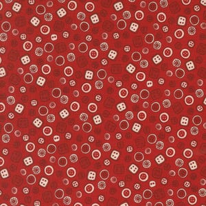 May include: Red fabric with a repeating pattern of white buttons, circles, and squares.