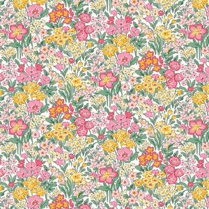 Peut inclure: Un motif sans couture composé de fleurs roses, jaunes et vertes sur un fond blanc. Les fleurs sont disposées de manière aléatoire et créent un design joyeux et vibrant.