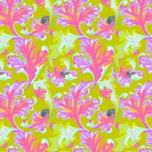 Puede incluir: Un patrón sin costuras con un diseño repetitivo de hojas estilizadas de color rosa, naranja y verde sobre un fondo amarillo.