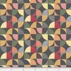May include: Geometric fabric pattern featuring a repeating design of colorful semi-circles and squares in shades of orange, yellow, green, pink, and gray on a dark gray background. The fabric has a textured appearance. The text "CSCR 5725 DMU" is visible.