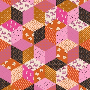 May include: A colourful geometric pattern with a patchwork design. The pattern features pink, orange, brown, and cream colours. The pattern includes butterflies, stars, moons, and stripes.