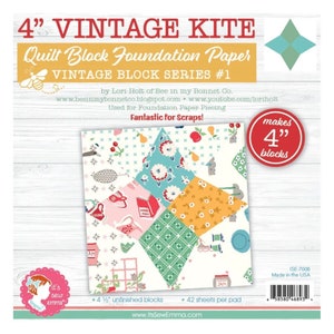 May include: Vintage Kite Quilt Block Foundation Paper, a 42-sheet pad with 4 1/2 inch unfinished blocks, makes 4 inch blocks.  The paper is designed for foundation paper piecing and is great for using up scraps.  The design features a colorful patchwork quilt block with a variety of patterns and colors, including red, blue, green, yellow, and white.