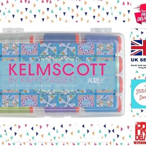 The Kelmscott Kaffe Fassett Aurifil 50wt box of 12 Colours. Cotton Thread on Large Orange Spools 1,422 yards/1300m