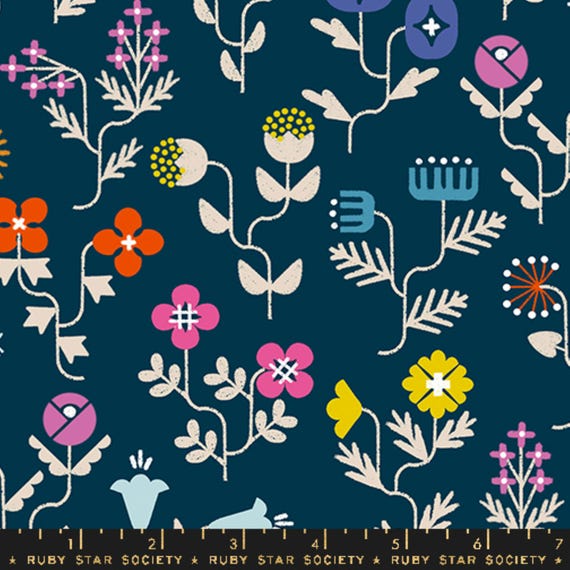 MODA Ruby Star Forget Me Not Canvas by Rashida Coleman RS1098 19L Navy. 44" Wide Linen/Cotton Blend CANVAS Fabric. Bright Modern Floral