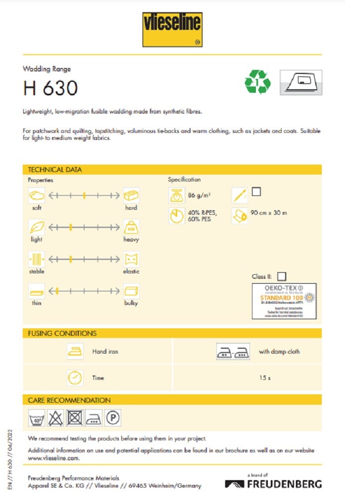 Vlieseline Fusible Fleece 90 cm wide Batting H630 Iron on low loft quilting  etc