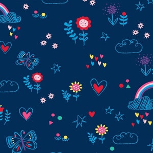 May include: A seamless pattern featuring a variety of colorful hand-drawn elements on a dark blue background. The pattern includes rainbows, clouds, stars, hearts, butterflies, and flowers.