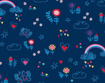 95% Algodón impreso Jersey Rainbows and Hearts 220g / sqm