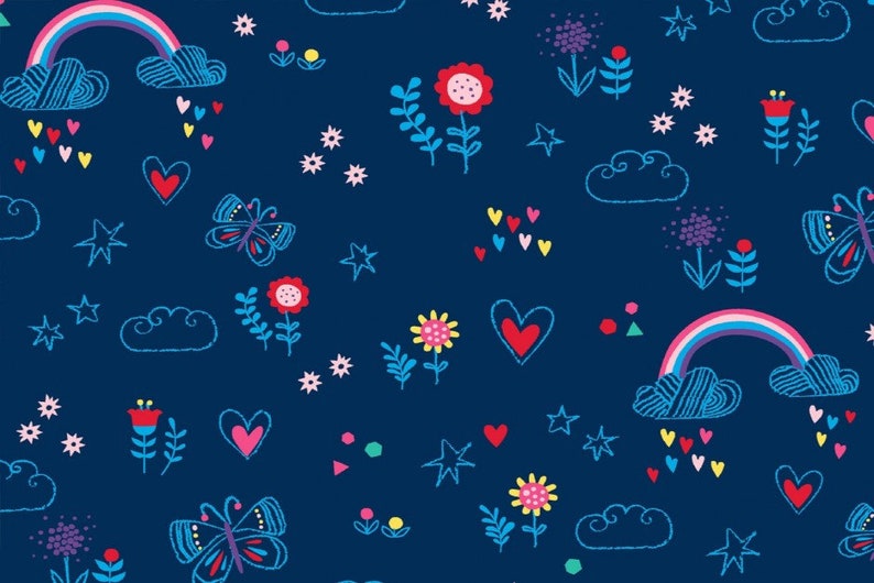May include: A seamless pattern featuring a variety of colorful hand-drawn elements on a dark blue background. The pattern includes rainbows, clouds, stars, hearts, butterflies, and flowers.