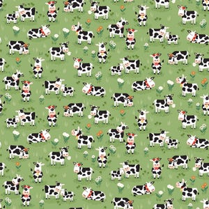 May include: A seamless pattern featuring black and white cows with red flower crowns on a green background. The cows are in various poses, including standing, lying down, and walking. There are also small white flowers scattered throughout the pattern.