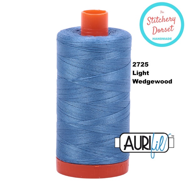 Aurifil 50wt, 2725 Light Wedgewood, 100% Cotton Thread (Mako, Egyptian Cotton). Large Spool 1,422 yards or 1300m.  Made in Milan, Italy