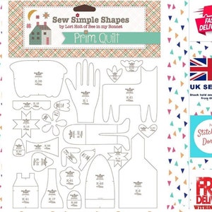 May include: A white sheet of paper with black outlines of various shapes for quilting. The shapes include a house, a hand, a flower, a star, a bird, a mitten, a boot, and a cat. The title "Sew Simple Shapes" is at the top of the sheet.