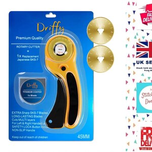 Taglierina rotante da 45 mm, comoda da usare grazie alla lama retrattile azionabile tramite leva. Prodotta da Driffy. Ideale per quilting, patchwork e lavori creativi.