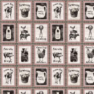 May include: A black and white farmhouse themed fabric with repeating patterns of cows, pigs, chickens, milk jugs, and baskets of fruit. The fabric has a rustic, vintage look with a black and white color scheme. The text on the fabric includes "Farm Life", "Farmhouse", "Country Kitchen", "Farm Fresh", "Home Sweet Home", and "Butter Milk".