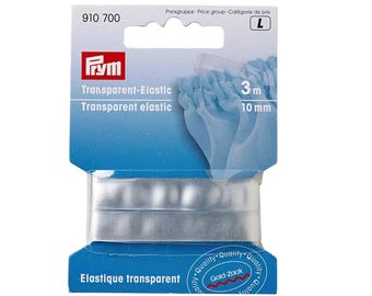 PRYM Elastic Transparent/Clear.  SKU 910 700. Pack contains 3 metres of 10mm wide transparent garment elastic. 100% Polyurethane.