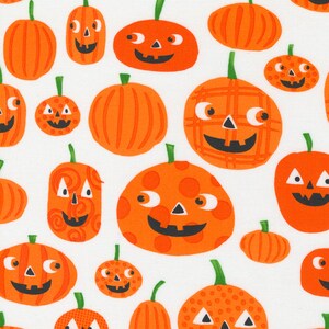 May include: A white background with a repeating pattern of orange pumpkins with different facial expressions. The pumpkins have various textures, including stripes, polka dots, and swirls.
