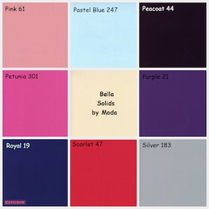 May include: A color chart with nine fabric swatches, each labeled with a color name and number. The colors include pink, pastel blue, peacoat, petunia, purple, cream, royal blue, scarlet, and silver.