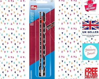 Prym Sew & Knit Gauge, 6 inch metal ruler/measuring tape. Moveable marking pointer in red. Great for hems, buttonholes, making circles