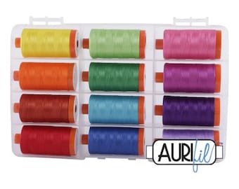 Aurifil 50wt Bright Collection, 12 Colours of 100% Cotton Thread on Large Orange Spools With Storage Case. 1,422 yards/1300m. Milan, Italy