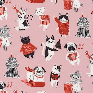 May include: A pink background with a repeating pattern of black and white dogs, cats, and pugs wearing festive attire. The animals are holding musical instruments, gifts, and Christmas trees. The text "Merry & Bright" appears on a red mug.
