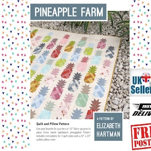 May include: A quilting pattern for a pineapple farm quilt. The pattern includes instructions for three quilt sizes and a 20" x 20" quilted pillow cover. The pattern is by Elizabeth Hartman.