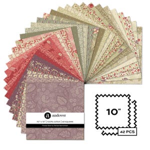 May include: A selection of 42 fabric squares, each 25.4 cm x 25.4 cm, arranged in a fan shape. The fabrics display floral patterns in red, pink, green, and purple. The label reads "andover" and "Forest Glen by Renee Nanneman."