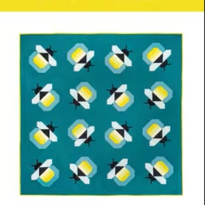 May include: A quilt pattern titled FIREFLY QUILT by Pen + Paper Patterns. The design features a teal background with a repeating grid of sixteen stylized firefly graphics in yellow, white, and black. Text at the bottom reads STANDARD PIECING QUILT PATTERN FOR INTERMEDIATE LEVEL SEWERS AND UP.