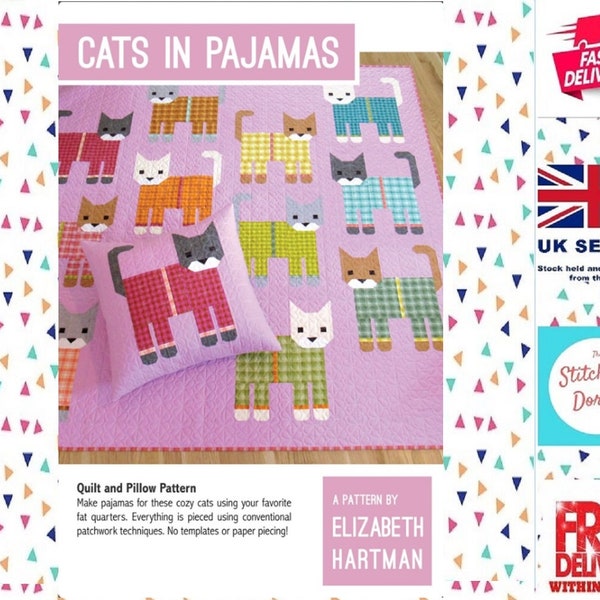Cats in Pajamas, Elizabeth Hartman Quilt and Pillow Pattern no.EH-074. Instructions to make Pillow, Small Quilt and Large Quilt.