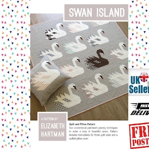 May include: A quilting pattern for a swan quilt and pillow cover. The pattern is called "Swan Island" and is by Elizabeth Hartman. The pattern includes instructions for three quilt sizes and a quilted pillow cover.