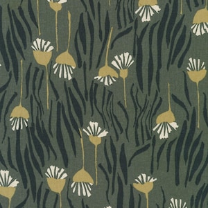 May include: A fabric with a repeating pattern of stylized flowers and long, dark green, vertical lines against a dark olive green background. The flowers have white petals and yellow-green seed heads.