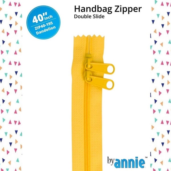 ZIP Dandelion ByAnnie Double Slide Handbag Zipper 40". Cut to size, Wide fabric edges, removable and reusable Zipper Pulls. YKK #4.5