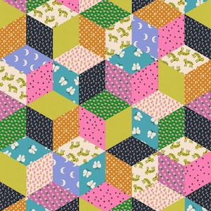 Puede incluir: Un patrón geométrico colorido con una variedad de diseños repetitivos, incluyendo mariposas, estrellas, lunas y tigres. El patrón está formado por formas hexagonales que están dispuestas en un patrón repetitivo.