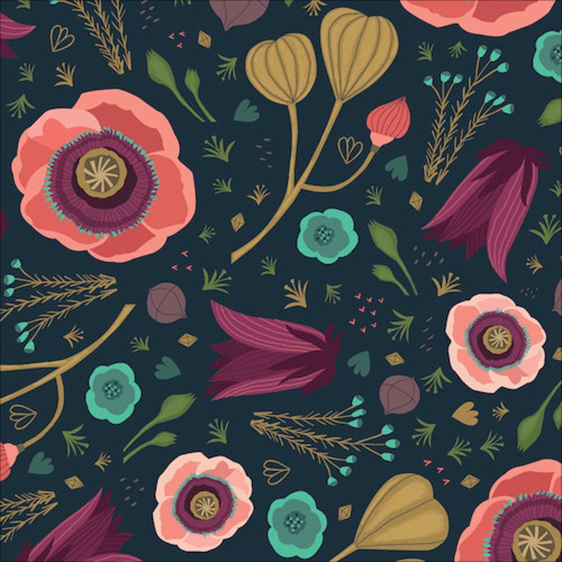 Cloud Nine Free UK Postage Modern Organic Cotton Organic Cotton Fabric /'Forest Jewels Dark Blooms /' Cloud9 Quilters Cotton