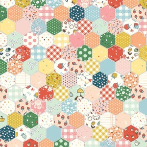 May include: A colorful patchwork pattern featuring a variety of hexagonal shapes. Each hexagon showcases a unique design, including polka dots, gingham, floral prints, and whimsical illustrations of strawberries, mushrooms, and stars. The overall color palette is soft and inviting.