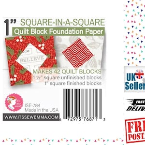 May include: A pack of 1" square-in-a-square quilt block foundation paper. It makes 42 quilt blocks, 1 1/2" unfinished and 1" finished. The pack is white with red and green quilt blocks on the front. The text "ISE-784 Made in the USA" and "WWW.ITSSEWEMMA.COM" are printed on the front. A barcode is printed on the bottom right corner.