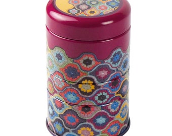 Emma Ball Mini Stacker Tin, inspired by Janie Crow Mystical lanterns. 3 Stacking Compartments. The tin measures 87mm height x 54mm width.