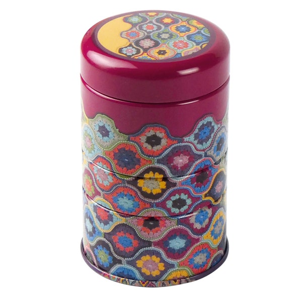 Emma Ball Mini Stacker Tin, inspired by Janie Crow Mystical lanterns. 3 Stacking Compartments. The tin measures 87mm height x 54mm width.