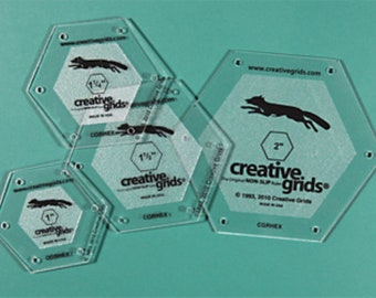 Creative Grids Hexagon Ruler Pack CGRHEX. 4 Rulers, 1", 1 1/4", 1 1/2" and 2" Hexes. The original Non-Slip Ruler with Embedded Gripper.