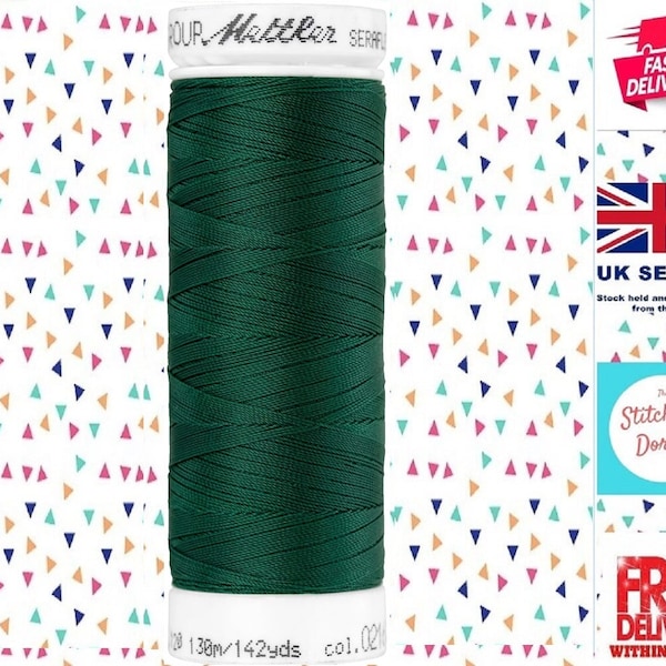 Fil à coudre Mettler Seraflex. 0216 VERT FONCÉ - Dimensions de la bobine 130 m/142 yards. Rend la couture au point droit extrêmement extensible. 100 % PTT