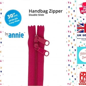 May include: A 30-inch double-slide handbag zipper in a bright pink color with silver zipper pulls. The zipper is labeled "ZIP30-255 Crazy Plum" and "byannie".