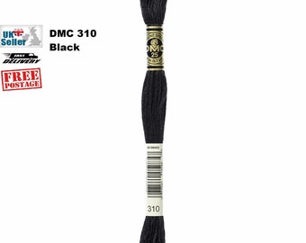 DMC 310 Stranded Cotton Stickgarn/Stickgarn SHADE NUMBER 310 Schwarz. 8 Meter/6 Stränge. 100% Baumwolle