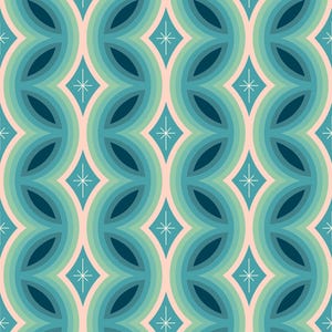Puede incluir: Patrón sin costuras de estilo retro con un diseño repetitivo de formas curvas y en capas en tonos turquesa, azul y verde, sobre un fondo rosa suave. Acentos blancos de estrellas se espacian uniformemente, creando una estética moderna de mediados de siglo.