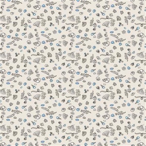 May include: A seamless pattern featuring a variety of hand-drawn sea life elements, including seashells, seaweed, and small blue circles. The pattern is set against a light beige background.