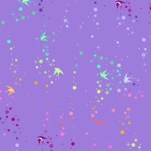 Pode incluir: Um fundo roxo com um padrão repetitivo de estrelas coloridas e pássaros estilizados. Os pássaros voam em direções diferentes e são delineados em preto. As estrelas são em vários tons de rosa, azul, verde e amarelo.