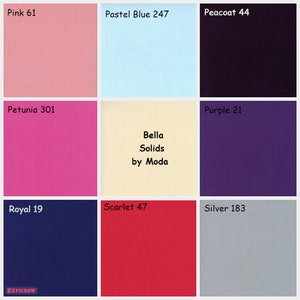 May include: A color chart with nine fabric swatches, each labeled with a color name and number. The colors include pink, pastel blue, peacoat, petunia, purple, cream, royal blue, scarlet, and silver.