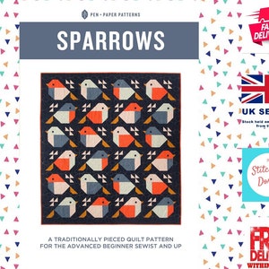 Könnte beinhalten: Ein Quiltmuster mit dem Titel "Sparrows" mit einem geometrischen Design aus bunten Vögeln auf dunkelblauem Hintergrund. Das Muster wird als traditionell zusammengesetztes Quiltmuster für fortgeschrittene Anfänger und Fortgeschrittene beschrieben.