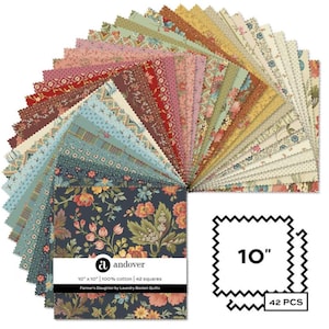 MAKOWER UK / ANDOVER Pastel de capas "Farmers Daughter" Contiene 42 cuadrados de 25 cm de tela de algodón de calidad para acolchado. Paquete precortado.