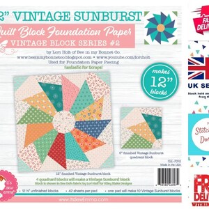 May include: A 12-inch Vintage Sunburst quilt block foundation paper pattern. The paper is designed to make 12 blocks, each measuring 12 inches. The pattern features a colorful sunburst design with a variety of fabrics. The paper is made in the USA and is perfect for quilters of all skill levels.